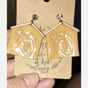 Precious Polymer Clay Christmas Manger  Scene Earrings.  Rhinestone Dangle
